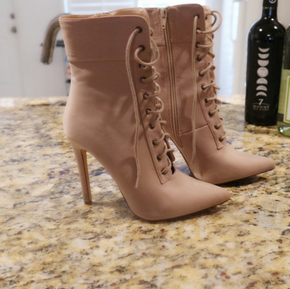 Nude lace up booties